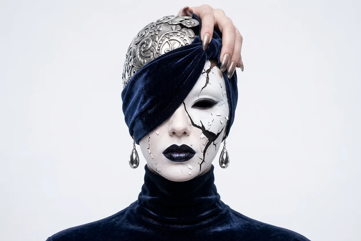 Editorial portrait: a cracked porcelain face, navy velvet turban and turtleneck, silver filigree helmet, chrome nails and crystal drop earrings
