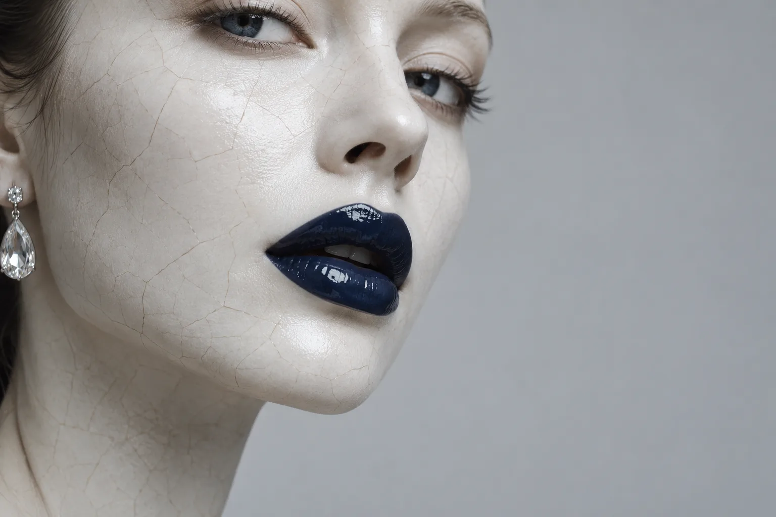 A porcelain-white face with fine cracks and navy lips