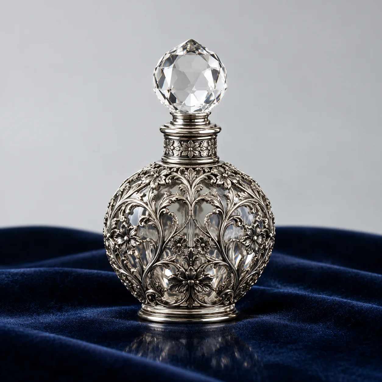 An antique silver filigree perfume bottle with a crystal stopper on navy velvet