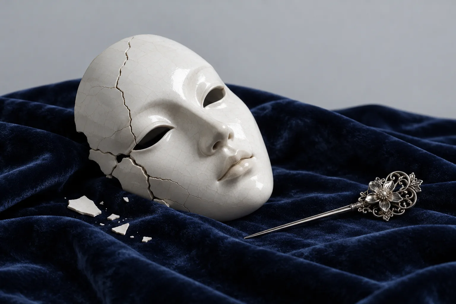 A cracked white porcelain mask resting on navy velvet