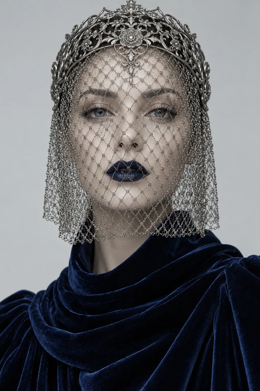 A porcelain face behind a silver mesh veil, with navy lips